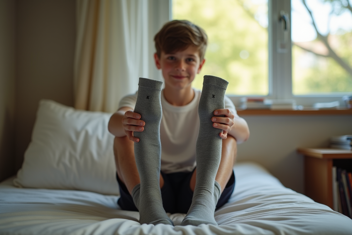 Adolescent examinant ses chaussettes dans sa chambre ordonnee