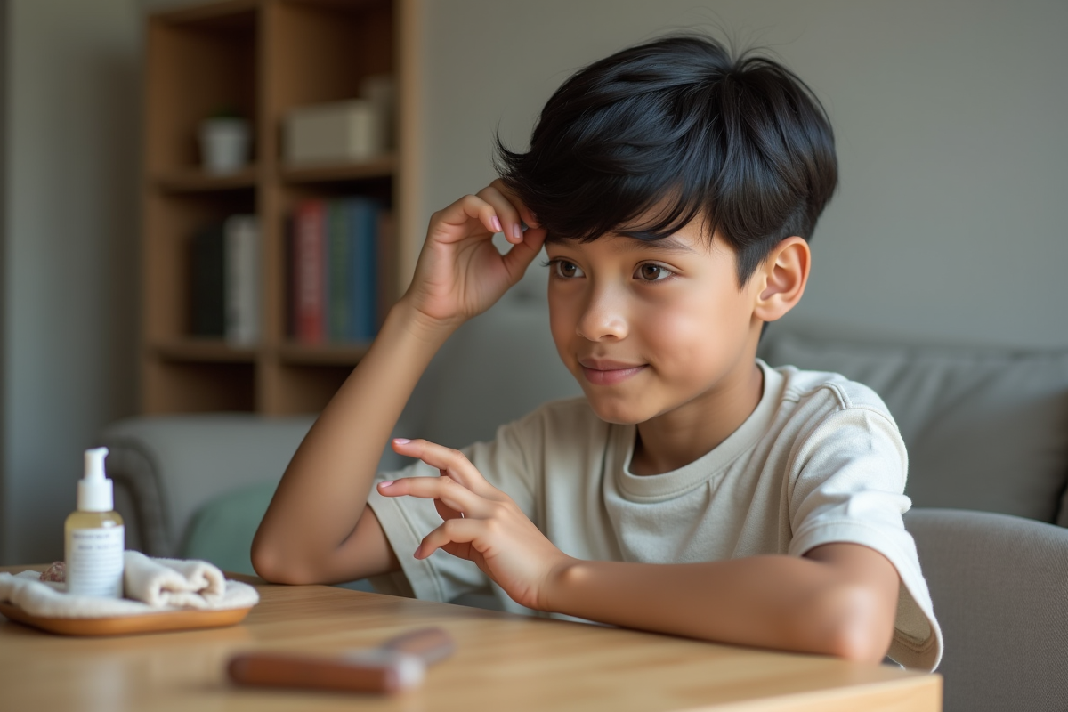 Adolescent appliquant un serum capillaire dans un salon cosy