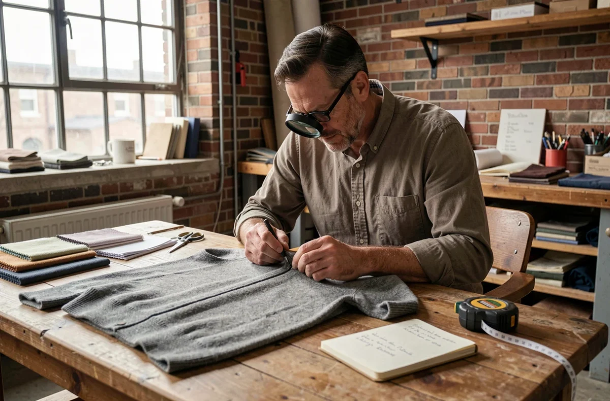 Homme utilisant une loupe pour inspecter les coutures et le tissage d'un pull en laine grise dans un atelier artisanal, entouré d'échantillons de tissu et de notes manuscrites