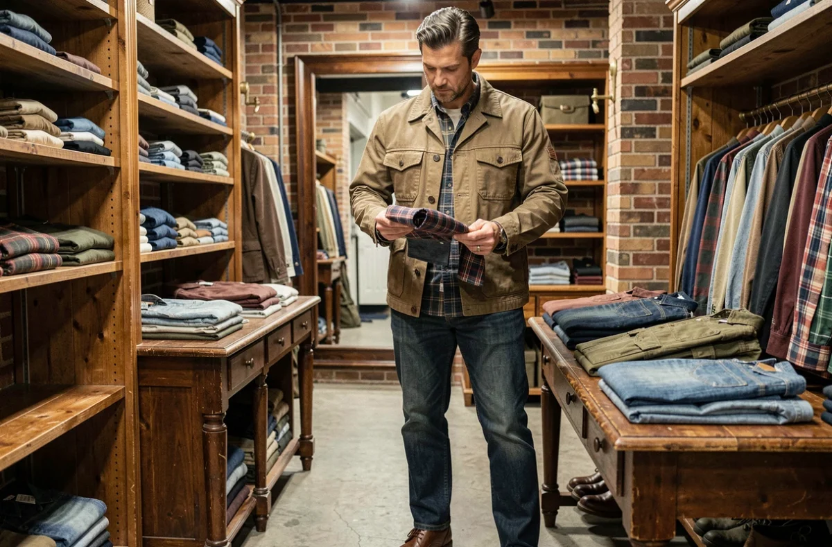 Homme en veste workwear vintage américain dans la boutique Anatomica, entouré de pièces heritage soigneusement disposées sur des étagères en bois brut