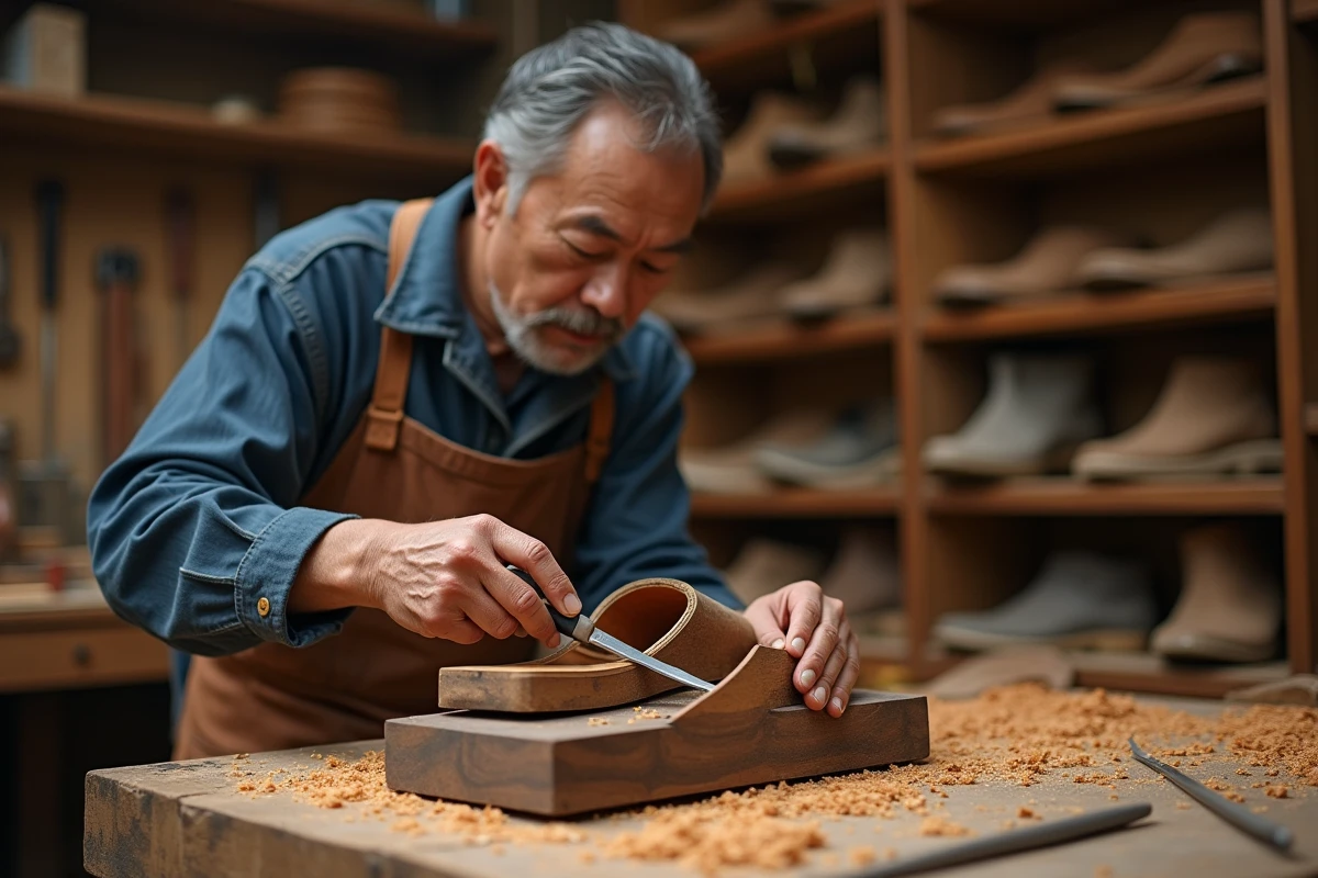 Artisan japonais quadragénaire façonnant une geta nouvelle génération en noyer dans un atelier de menuiserie traditionnel, entouré de copeaux de bois et d'outils à main, avec des prototypes de semelles géométriques visibles en arrière-plan.