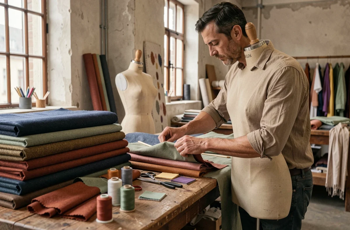 Artisan textile de l'Atelier Zawann à Lille concentré sur l'ajustement d'un tissu sur un mannequin de couture, entouré de rouleaux de tissu colorés