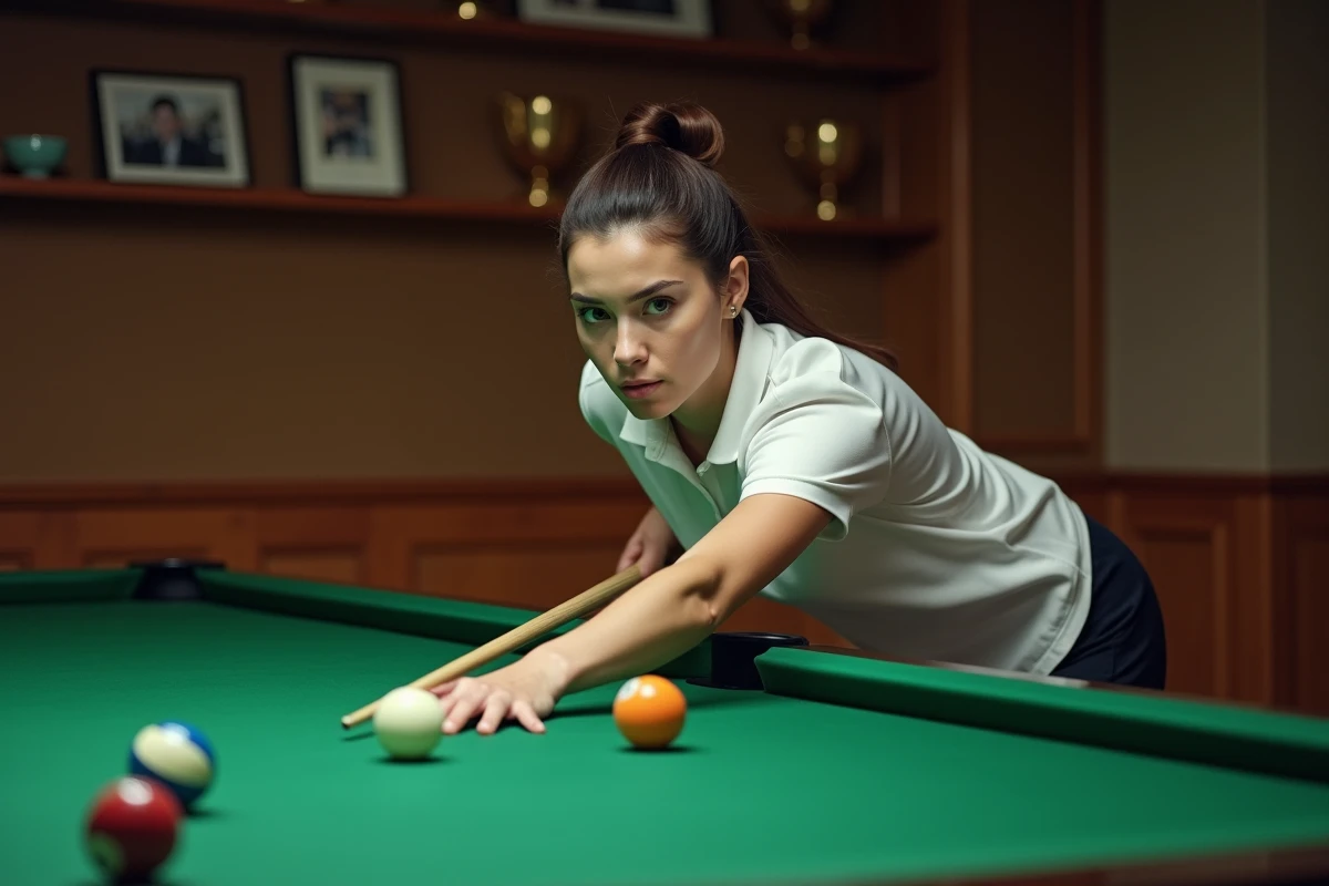 Athlète de billard en pleine concentration lors d'un entraînement dans une salle de pratique professionnelle