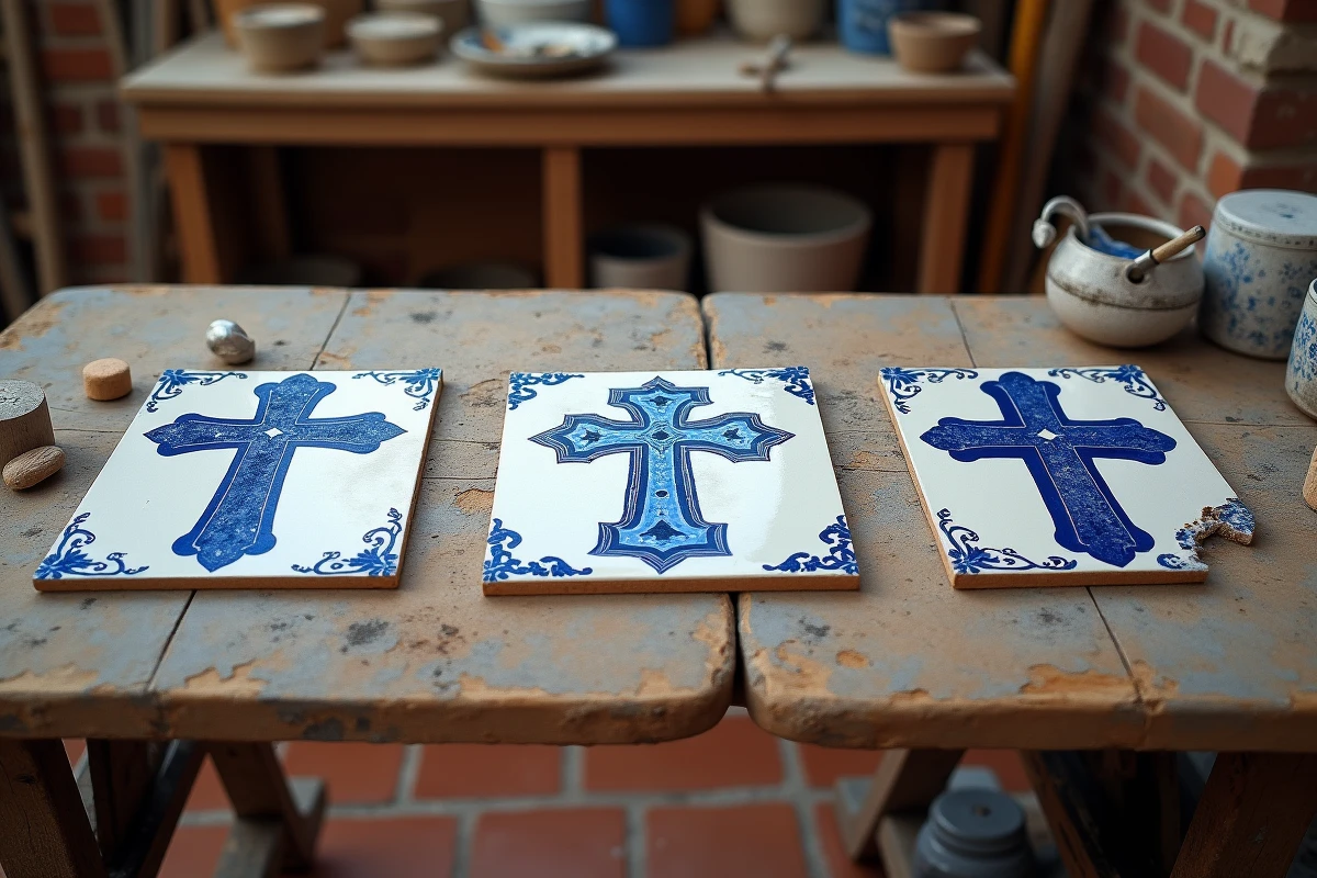 Carreaux d'azulejos portugais représentant des croix historiques — Ordre du Christ, Avis et Santiago — sur une table d'atelier artisanal à Lisbonne