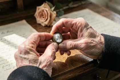 Mains d'une femme âgée tenant une bague camée victorienne en ivoire, bijou de deuil et de mémoire sur fond de bureau ancien