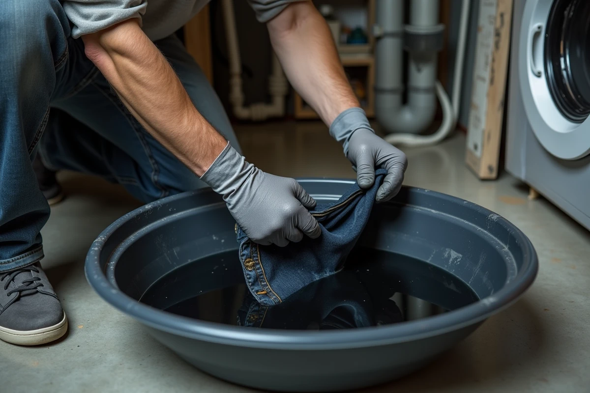 Homme plongeant une veste en denim dans un bain de teinture noire dans une buanderie