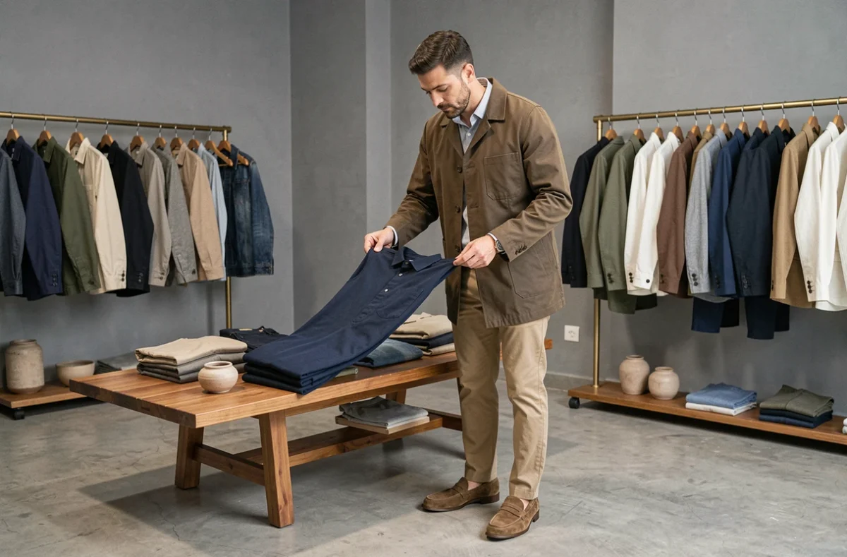 Homme élégant en tenue casualwear soignée chez BDC Boys Don't Cry, avec des pièces bien coupées présentées dans un intérieur épuré