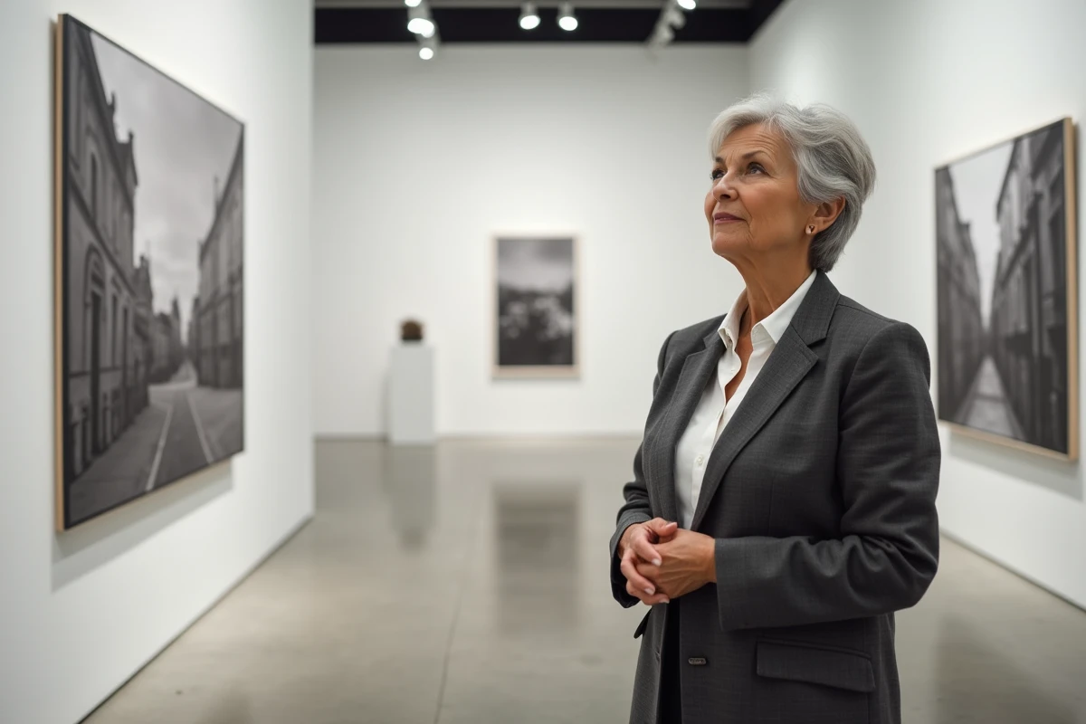 Femme contemplant une photographie de Béatrice Vonderweidt dans une galerie d'art contemporain