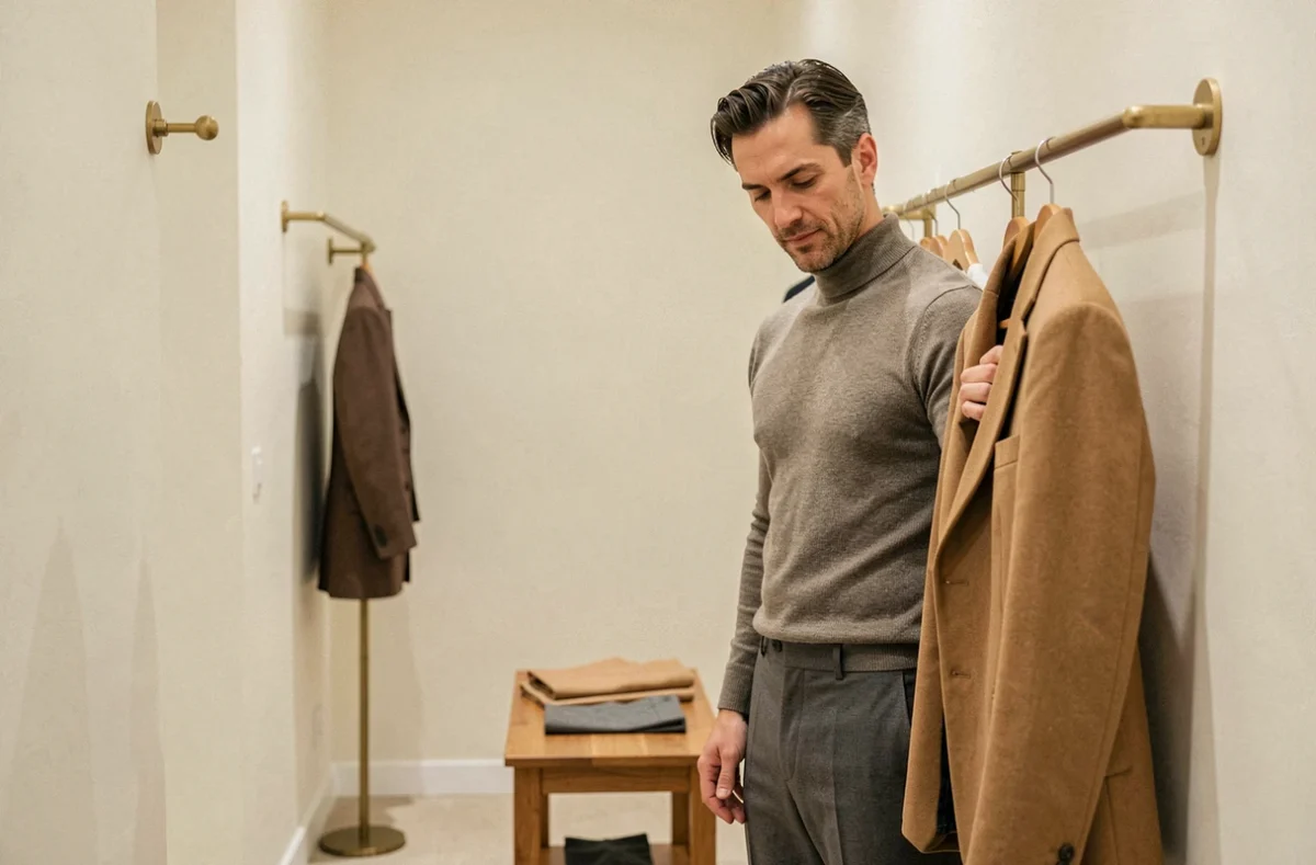 Client masculin inspectant une veste dans le cadre discret et curatif de Beaubien, boutique multimarques confidentielle à Paris