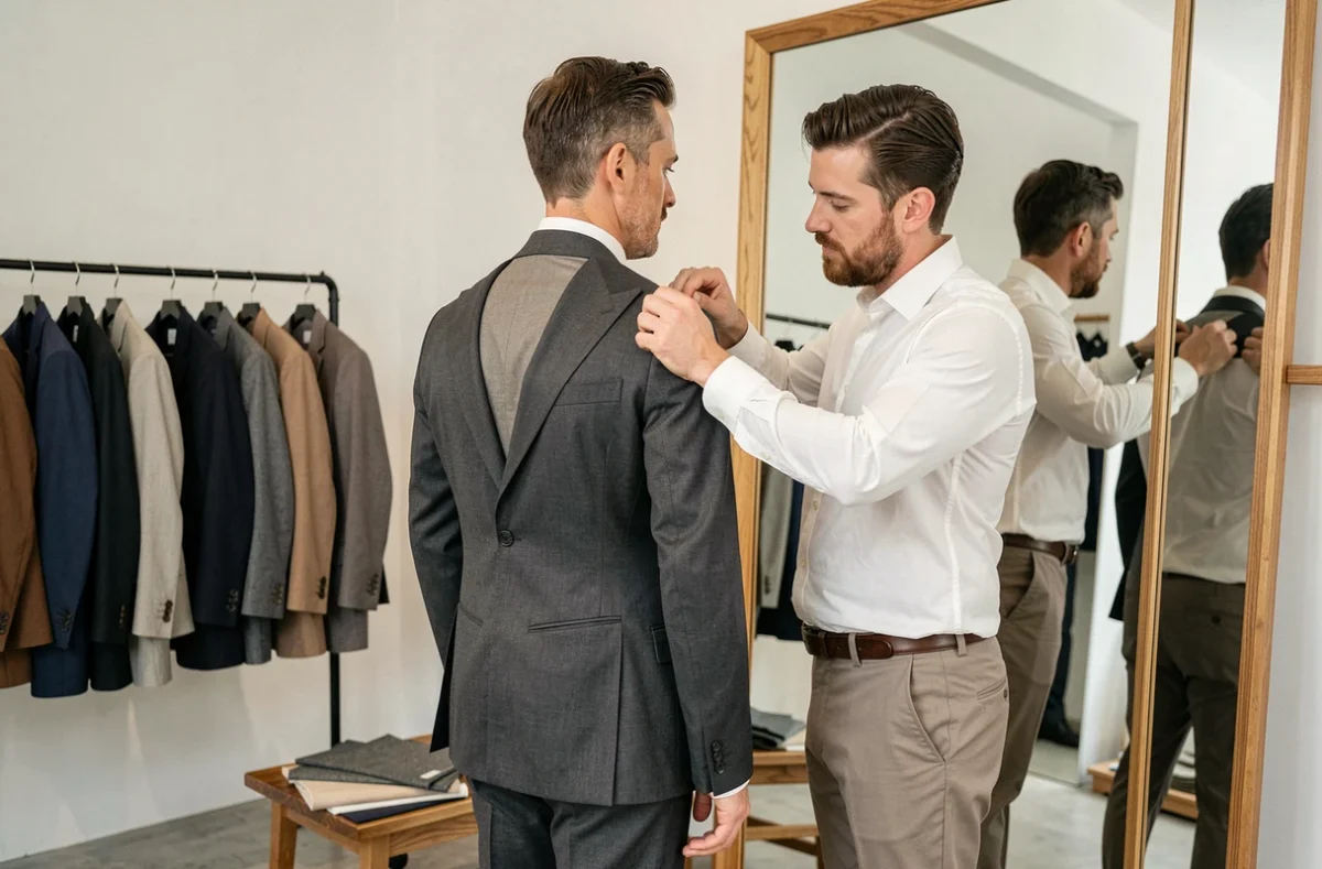 Homme en essayage de costume sur mesure chez Beige Habilleur au Marais, avec un tailleur ajustant méticuleusement la veste