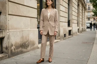 Femme portant un blazer oversize bien coupé en laine beige, tailleur structuré à épaules larges, style mode urbain à Paris