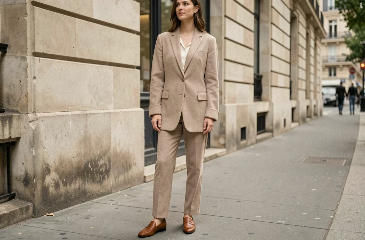 Femme portant un blazer oversize bien coupé en laine beige, tailleur structuré à épaules larges, style mode urbain à Paris