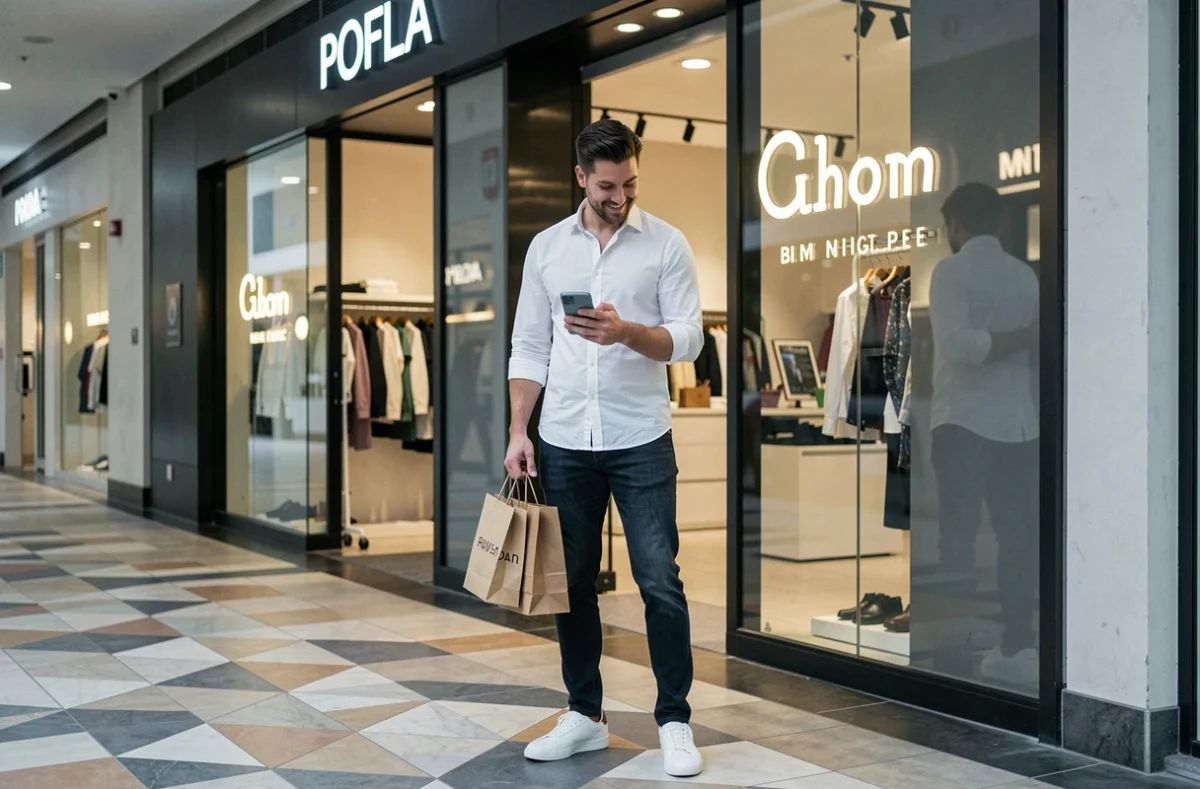Homme souriant tenant des sacs de boutique devant un magasin du centre commercial Montparnasse