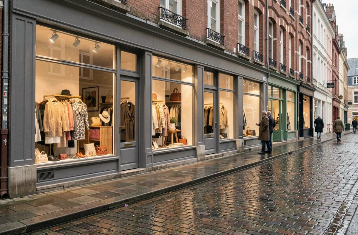 Rue commerçante du Nord avec des boutiques de créateurs indépendants aux vitrines soignées, pavés mouillés et architecture flamande en briques