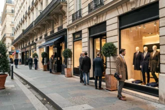 Scène de rue parisienne avec des hommes élégamment habillés devant des boutiques de mode masculine sur un boulevard haussmannien