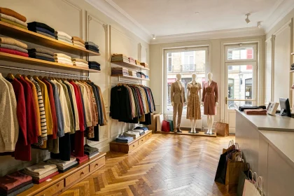 Intérieur d'une boutique de prêt-à-porter féminin dans l'Oise avec des portants de vêtements colorés et des mannequins habillés