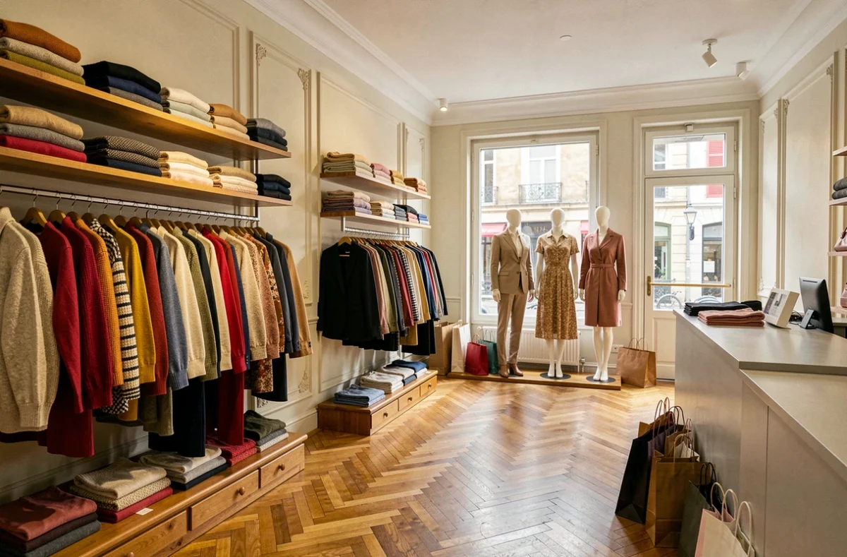 Intérieur d'une boutique de prêt-à-porter féminin dans l'Oise avec des portants de vêtements colorés et des mannequins habillés