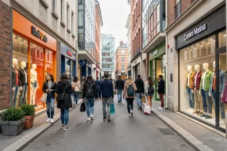 Rue commerçante animée de Seine-Saint-Denis avec des boutiques de vêtements et des passants faisant du shopping