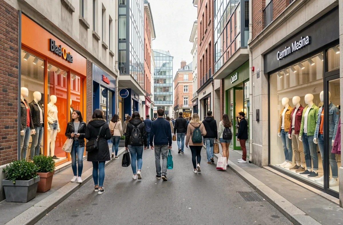 Rue commerçante animée de Seine-Saint-Denis avec des boutiques de vêtements et des passants faisant du shopping