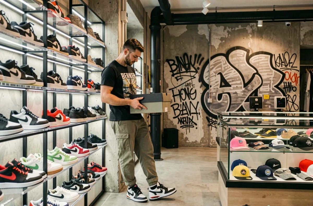 Jeune homme examinant des sneakers en édition limitée chez Bows and Arrows, boutique streetwear dans le Marais parisien
