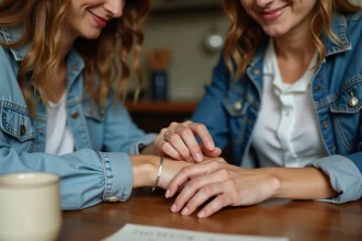 Femme souriante attachant un bracelet à son partenaire dans la cuisine