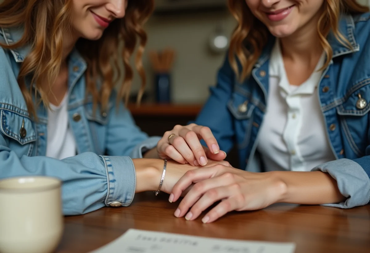 Femme souriante attachant un bracelet à son partenaire dans la cuisine