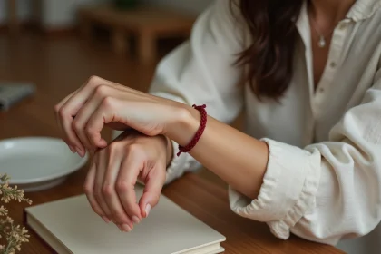 Femme portant un bracelet fil rouge 7 nœuds au poignet gauche, touchant délicatement les nœuds de protection