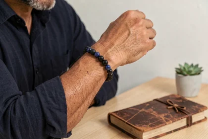 Homme portant un bracelet en pierre d'obsidienne et lapis lazuli pour équilibrer les chakras, posé sur un bureau en bois minimaliste