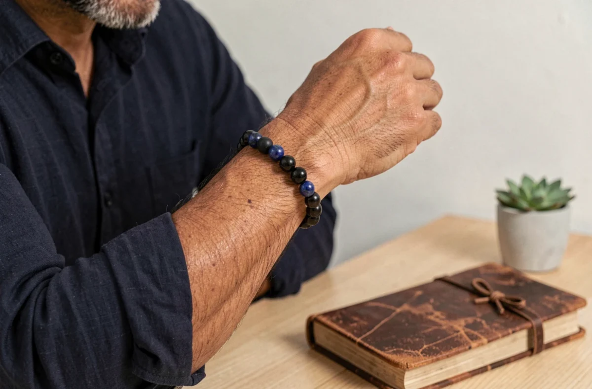 Homme portant un bracelet en pierre d'obsidienne et lapis lazuli pour équilibrer les chakras, posé sur un bureau en bois minimaliste