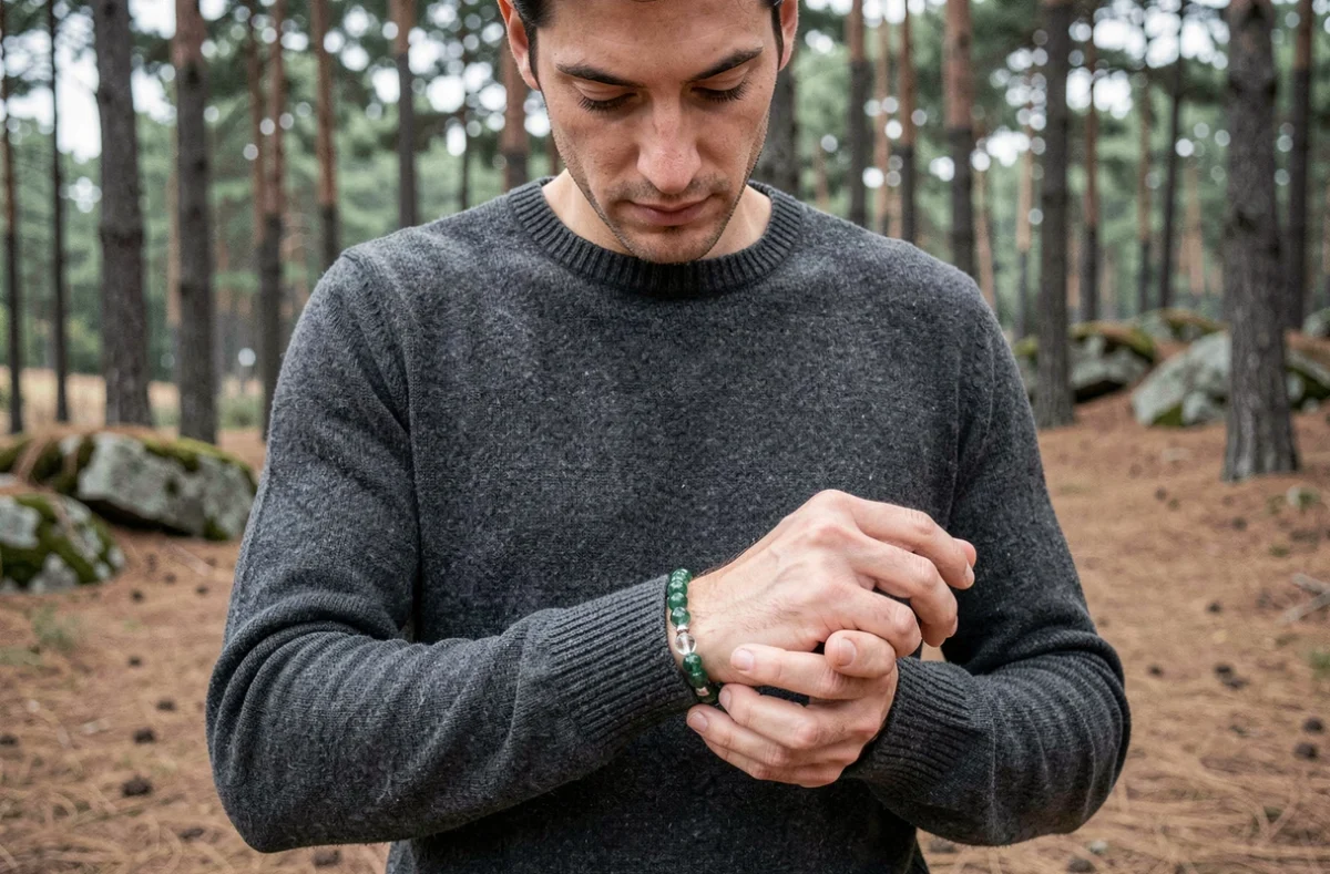 Homme en forêt contemplant son bracelet en aventurine verte et quartz cristal, symboles des chakras du cœur et de la couronne