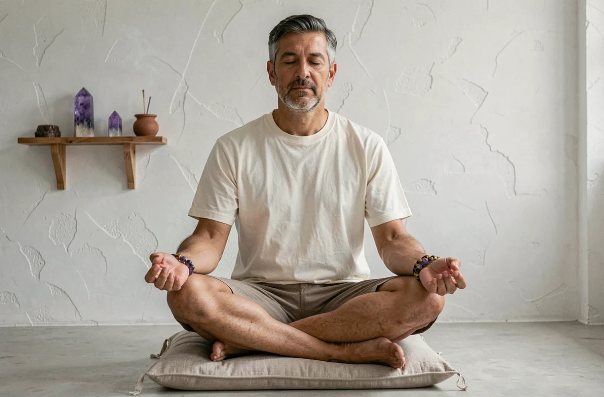 Homme en méditation portant des bracelets en pierre œil de tigre et améthyste pour harmoniser les chakras dans un espace yoga épuré