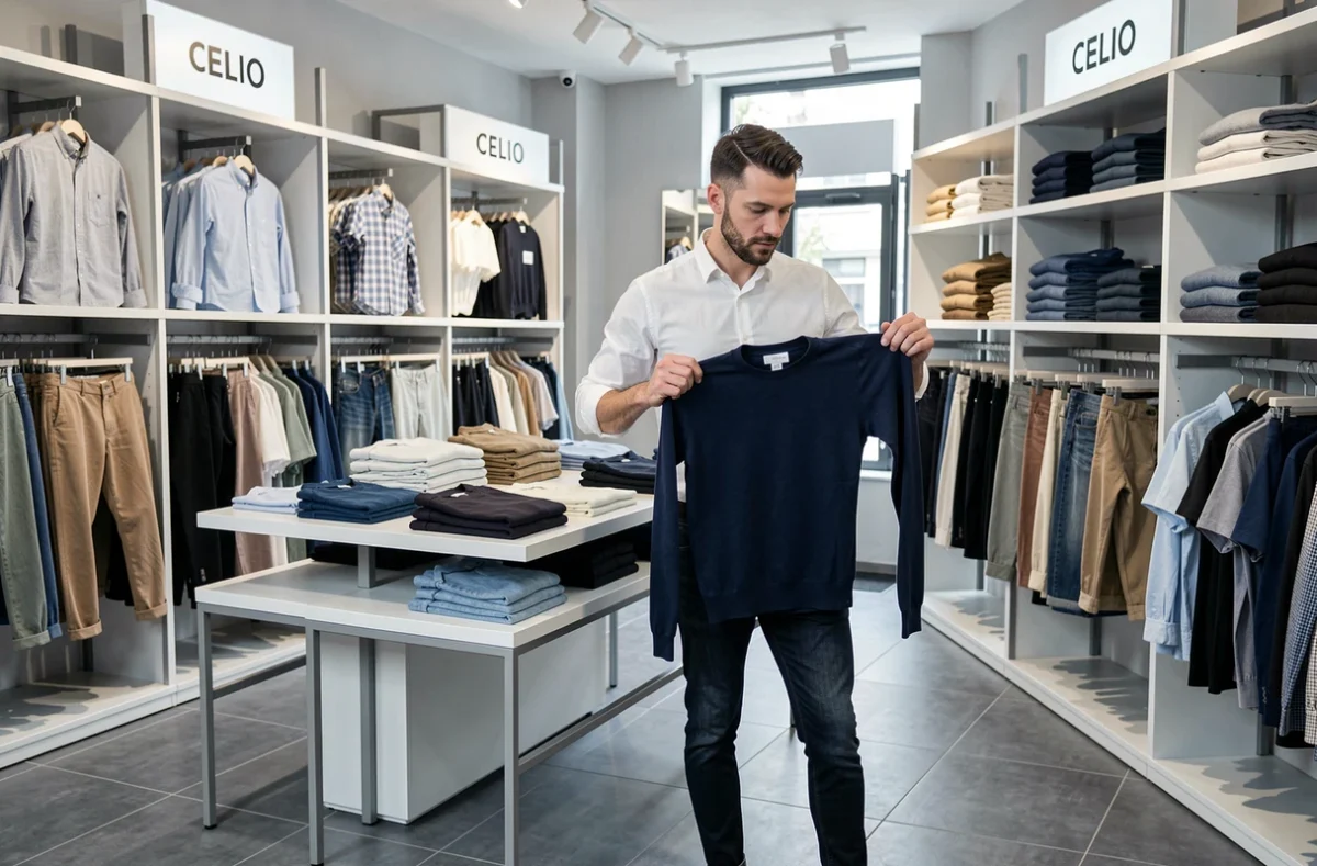 Homme en train de choisir un pull dans la boutique Celio de Saint-Ouen