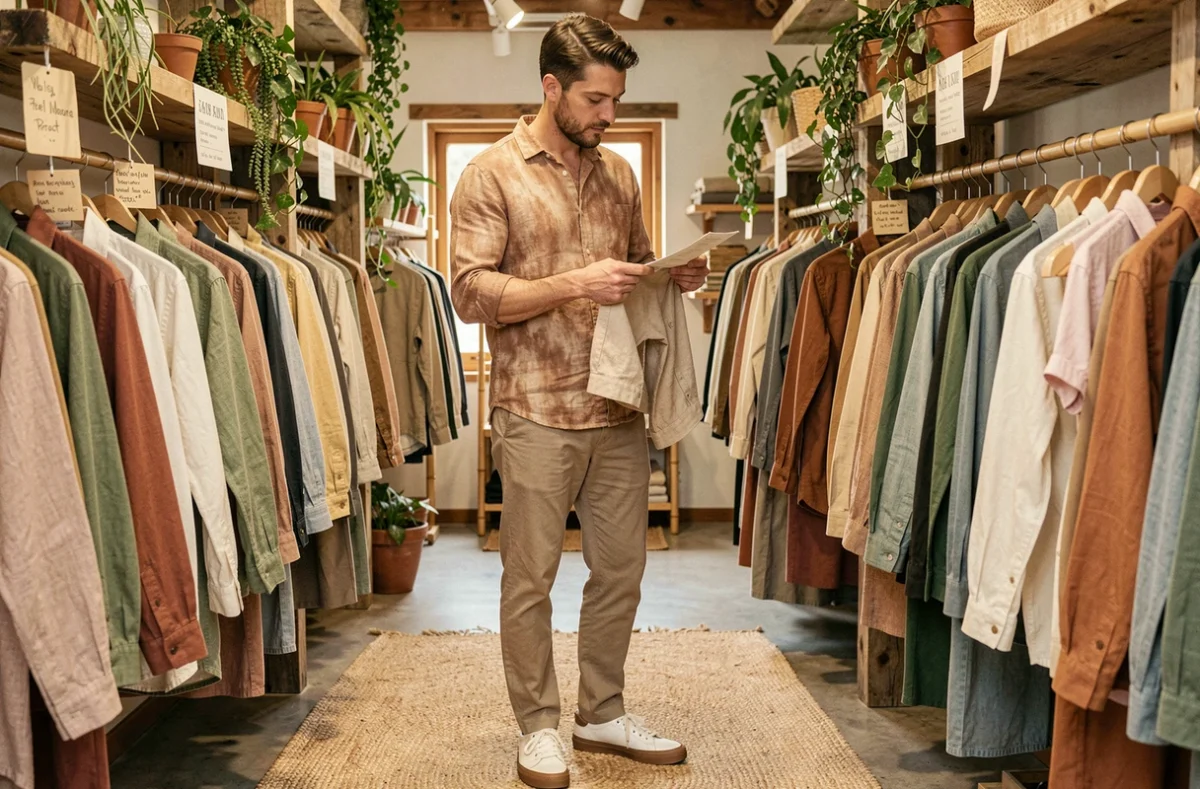Homme en vêtements écoresponsables dans la boutique Centre Commercial, entouré de marques engagées et de présentoirs en bois recyclé