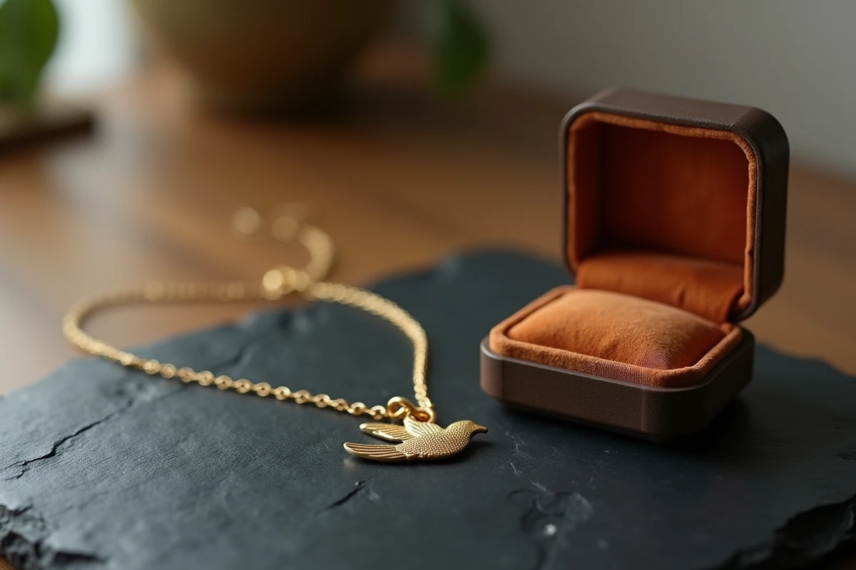 Chaîne et pendentif de baptême en or jaune avec motif colombe sur ardoise noire et écrin en velours ouvert