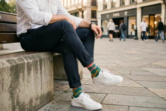 Homme assis en ville montrant ses chaussettes à motifs géométriques colorés avec un pantalon chino marine et des sneakers blanches
