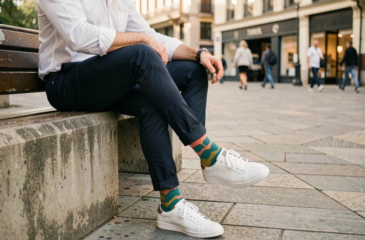 Homme assis en ville montrant ses chaussettes à motifs géométriques colorés avec un pantalon chino marine et des sneakers blanches