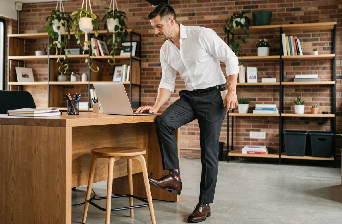 Homme en tenue professionnelle dans un bureau moderne, pantalon de costume retroussé dévoilant des chaussettes fantaisie à motifs renards, détail mode au travail