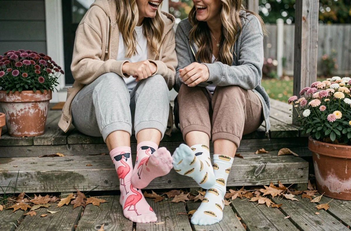 Deux femmes comparant leurs chaussettes humoristiques colorées sur les marches d'un porche en bois en automne, motifs flamants roses et tacos