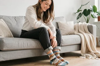 Femme souriante en chaussettes humoristiques avec motif chats à lunettes, assise sur un canapé en lin gris dans un salon scandinave