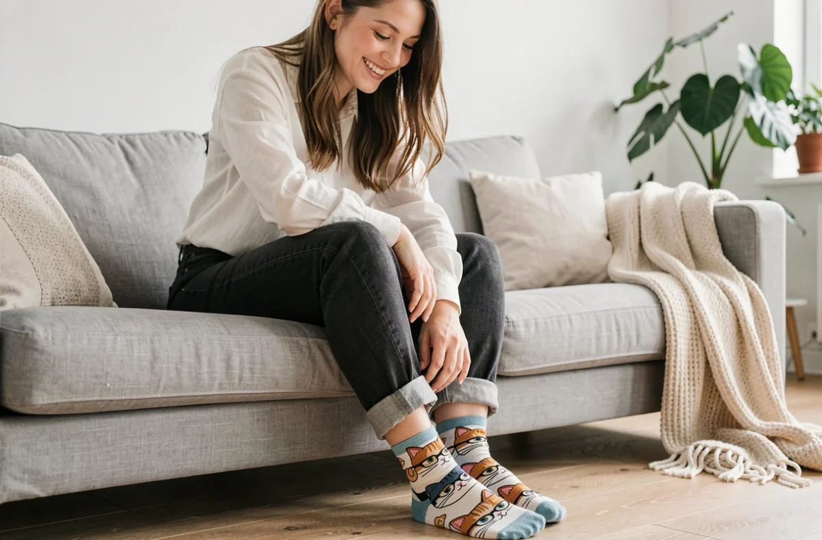 Femme souriante en chaussettes humoristiques avec motif chats à lunettes, assise sur un canapé en lin gris dans un salon scandinave