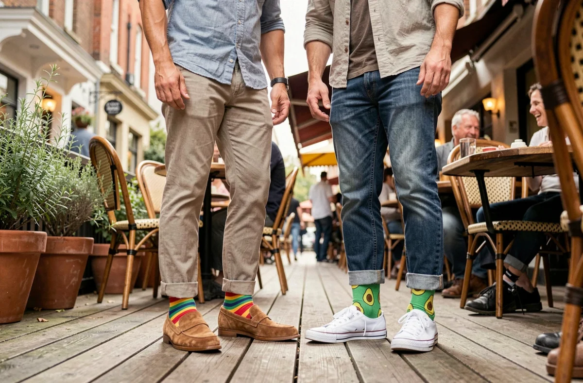 Deux hommes riant sur une terrasse de café, chaussettes colorées originales en avant-plan, chaussettes rayées arc-en-ciel et motifs avocats, style décontracté week-end