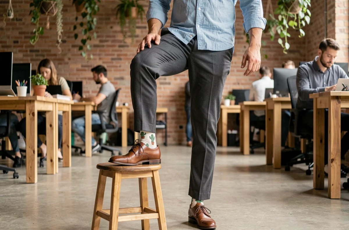 Homme en tenue professionnelle décontractée dans un coworking affichant des chaussettes originales à motif cactus