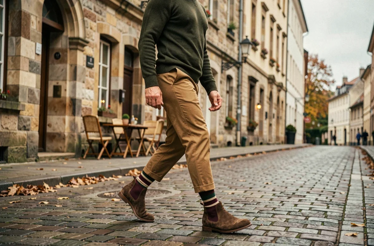 Homme en promenade dans une rue pavée portant des chaussettes rayées colorées avec un pantalon camel et des boots en daim