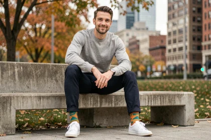 Homme élégant assis en tailleur sur un banc urbain, chinos retroussés révélant des chaussettes rigolotes aux motifs géométriques colorés, look casual chic en extérieur
