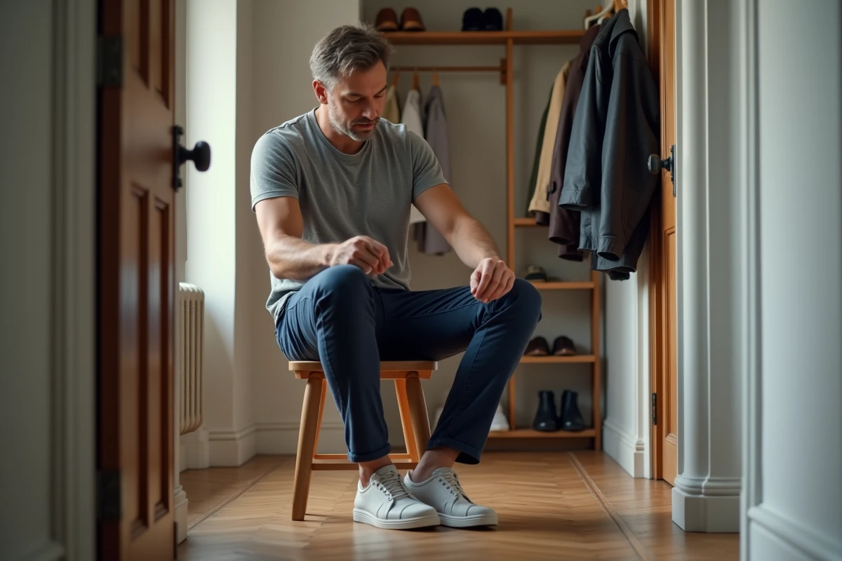 Homme en couloir portant une chaussure trop grande avec le talon qui se soulève, illustrant une mauvaise pointure