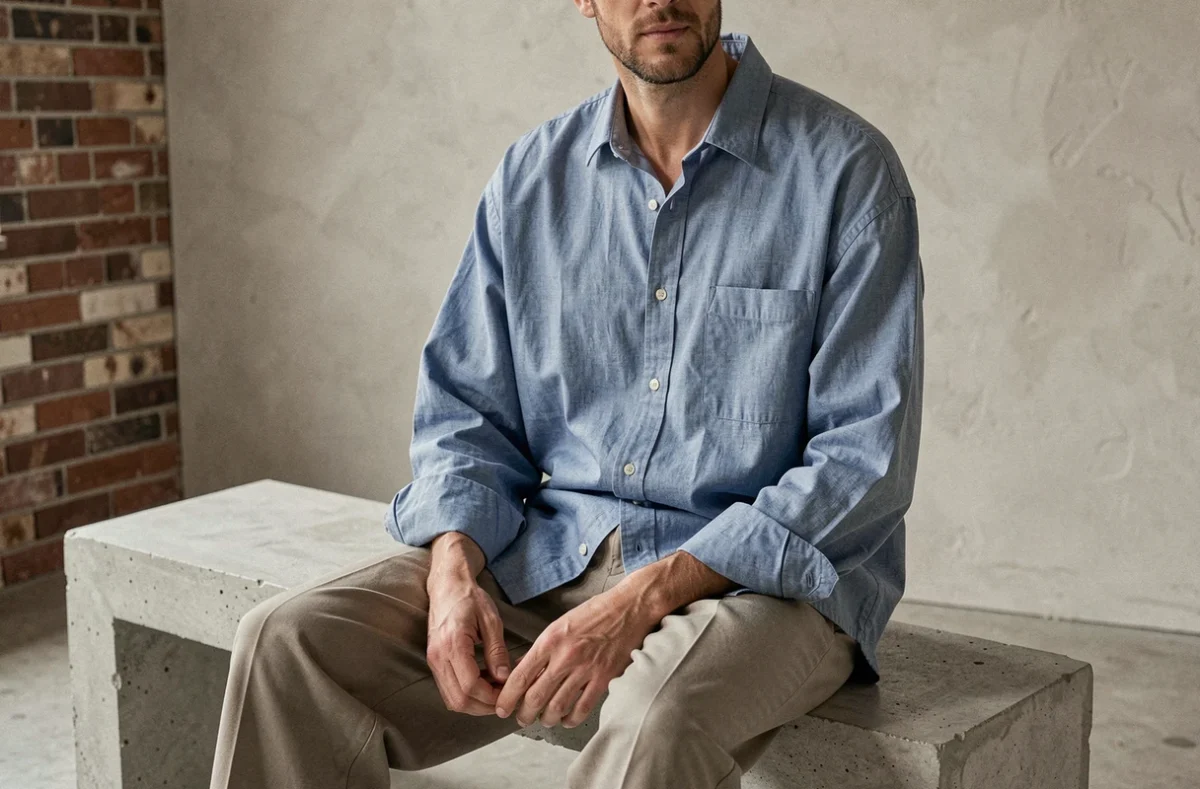 Homme assis portant une chemise oversize en chambray avec un pantalon large, détails de coupe tombante et épaules basses en studio