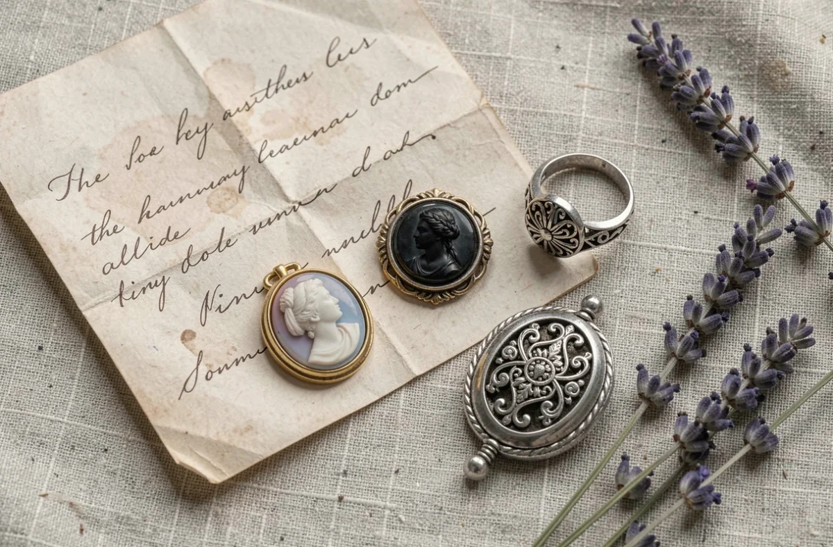 Collection de bagues camée anciennes et bijoux de deuil victoriens disposés sur tissu lin avec lettre manuscrite et mèche de cheveux tressés