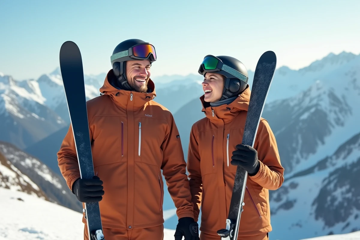 Deux amis en combinaisons de ski luxe colorées au sommet d'un panorama montagneux enneigé