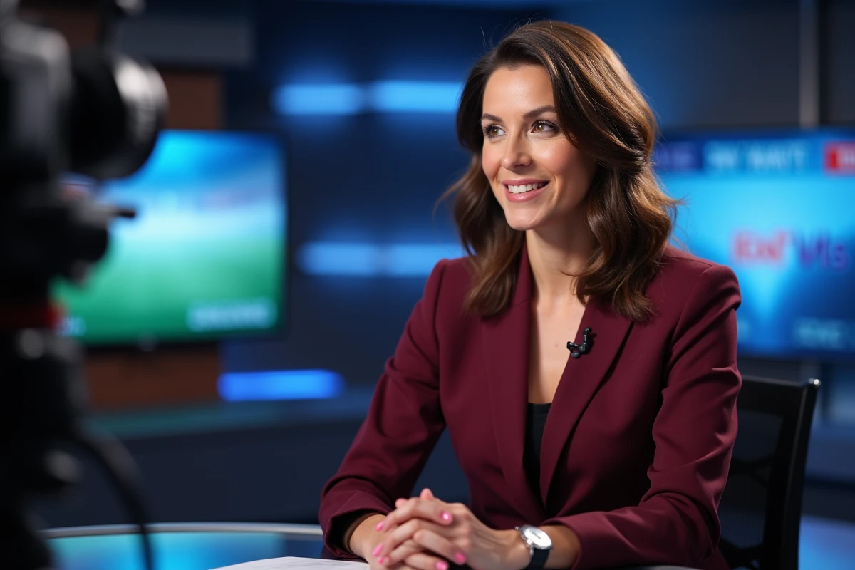 Commentatrice sportive en studio de télévision lors d'une émission de sport en direct