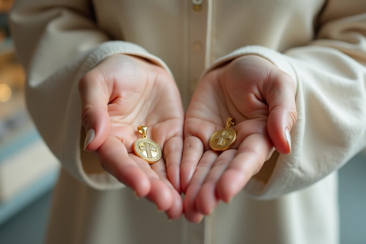 Comparaison d'une médaille de baptême en or jaune et en or blanc tenues dans les mains d'une femme sur comptoir en marbre
